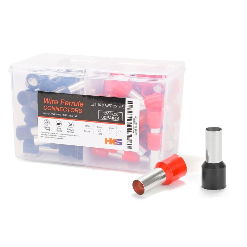 HK-S 120PCS/60Pairs Wire Ferrules Connectors Black & Red - AWG4-25.0mm² Copper Barrel Pin Cord Ends Insulated Ferrule Terminals for Wiring Electrical Crimp E25-16 - Image 1
